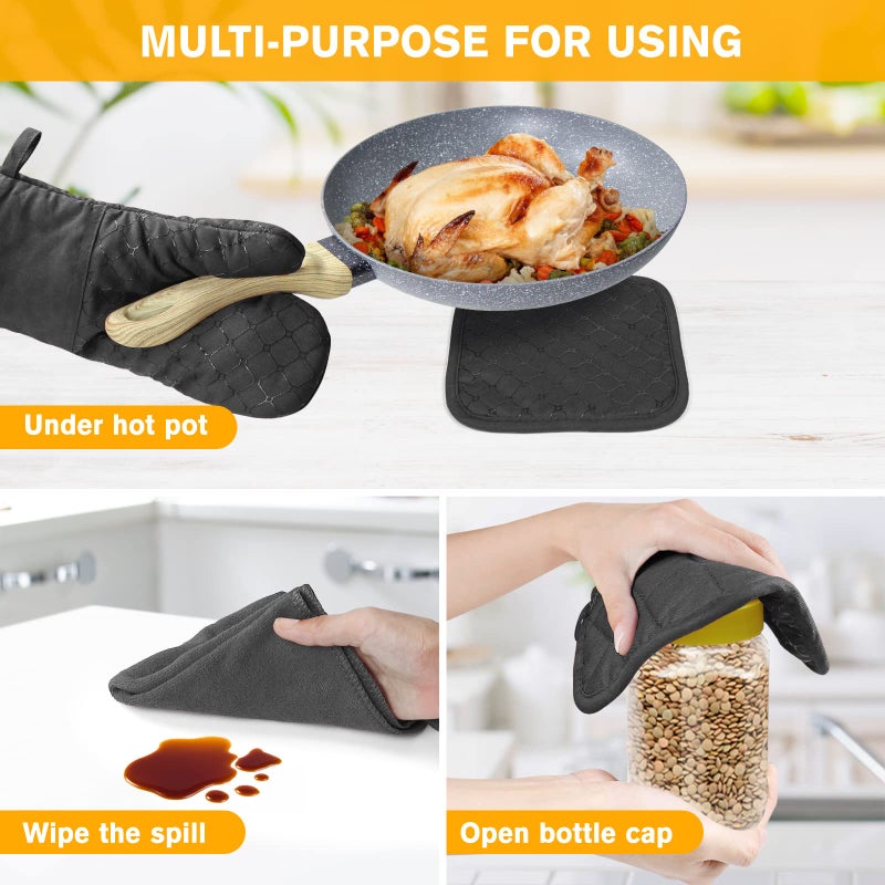 Wsedor 6 Pcs Oven Mitts and Pot Holders, 500â„‰ Heat Resistant Oven Mitts with Kitchen Towels Soft Cotton Lining and Non-Slip Silicone Surface Safe for Baking, Cooking, BBQ (Black) - Image 5
